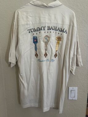 Tommy Bahama Cream Shirt with Blue, Gold and Brown Tap Handle Graphics